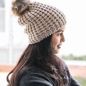 Boutique Mocha Textured Knit Beanie With Pom Pom